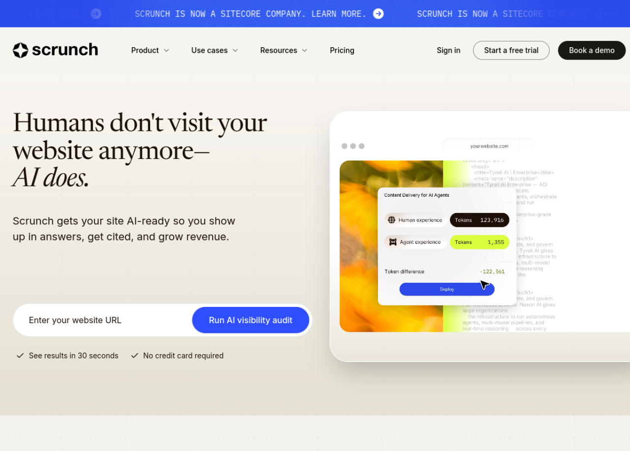Scrunch AI homepage: AI search visibility and agent experience platform